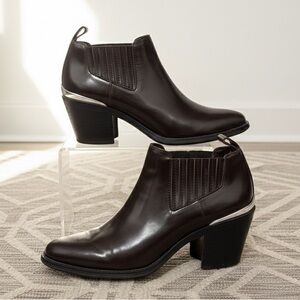 Wishbone Burgundy/Brown Leather Ankle Boots with Chrome Heel Detail - Size 6